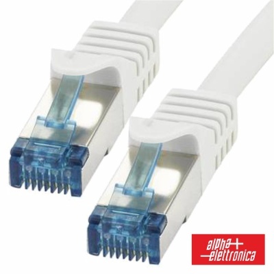 Cabo de rede RJ45 branco com conectores azuis e logótipo Alpha Elettronica