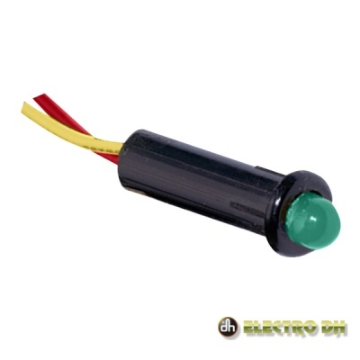 Sensor preto com botão verde e fios amarelo e vermelho