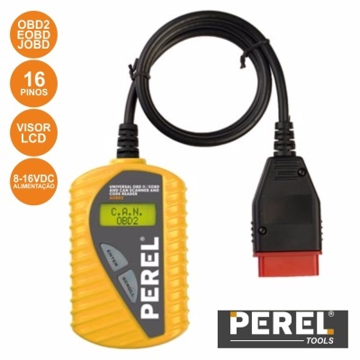 Dispositivo diagnóstico automóvel amarelo com visor LCD e cabo preto com conector vermelho