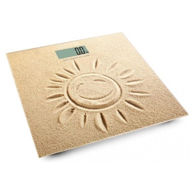 Balança digital com superfície texturizada cor bege com desenho de sol e visor digital