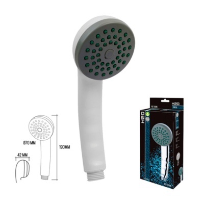 Chuveiro de mão branco com bocal redondo e orifícios verdes, embalagem preta e azul com texto H2O