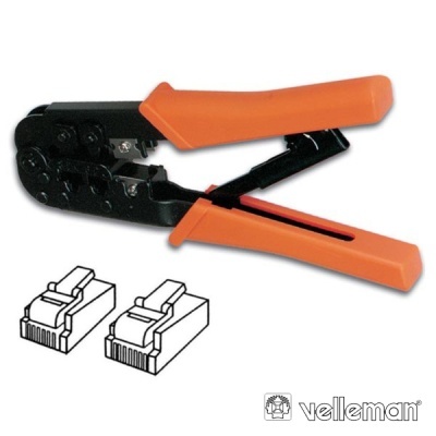Alicate de crimpagem com punhos laranja para RJ45 e RJ11 da marca Velleman