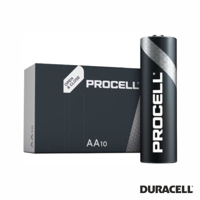 Embalagem preta de 10 pilhas AA Duracell Procell com pilha preta com texto branco