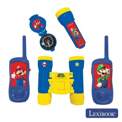 Conjunto de brinquedos Super Mario com walkie-talkies, bússola e binóculos em azul e amarelo.