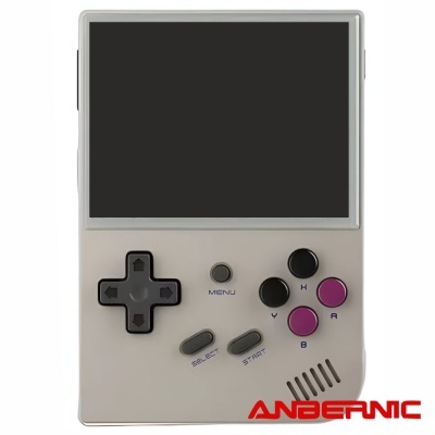 Console portátil branco com ecrã e botões coloridos e texto ANBERNIC vermelho