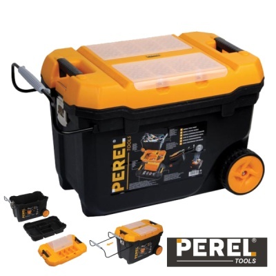Caixa de ferramentas preta e amarela móvel com rodas, marca PEREL