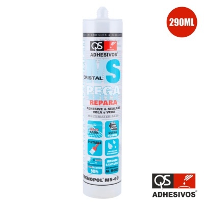 Frasco de adesivo e selante QS ADHESIVOS 290ML branco com texto azul e vermelho