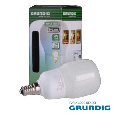 Lâmpada LED branca Grundig com embalagem verde e branca e texto ENERGY SAVER, 8 YEARS, 5W, E14.