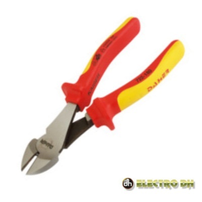 Alicate de corte vermelho e amarelo com lâminas metálicas e texto impresso