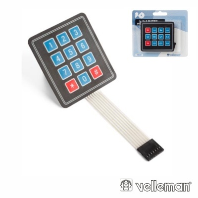 Teclado numérico de membrana com 12 botões e cabo ligado, junto à embalagem Velleman