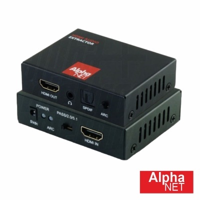 Dispositivo eletrónico preto com portas HDMI e texto Alpha NET