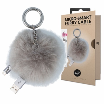 Porta-chaves de pelúcia cinzenta com cabo USB branco e embalagem castanha MICRO-SMART FURRY CABLE