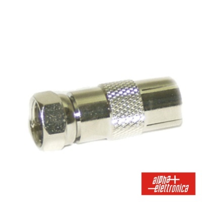 Conector coaxial metálico prateado para cabo TV com logótipo