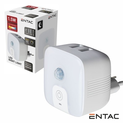 Luz noturna LED branca com sensor e duas portas USB, embalagem ENTAC ao fundo.