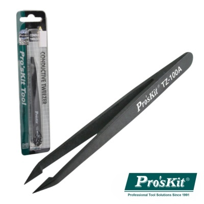 Pinça preta Pro'sKit TZ-100A com pontas anguladas e embalagem verde e branca