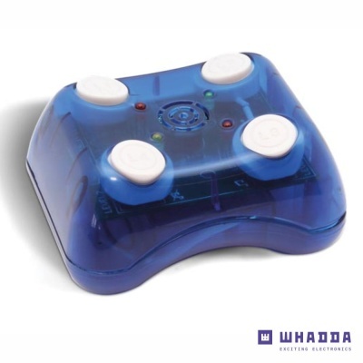 Peça eletrónica azul translúcida com botões brancos e LEDs, logótipo WHADDA