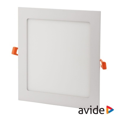 Painel de luz LED quadrado branco com clips laranja e logo avide