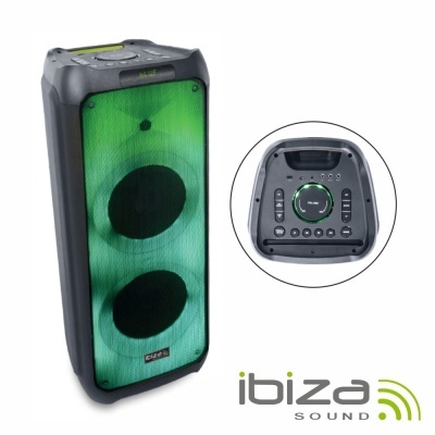 Coluna de som portátil com painél verde luminoso e estrutura preta da marca Ibiza Sound