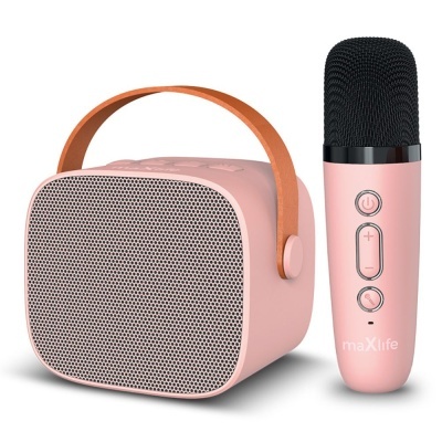 Microfone e coluna portátil rosa claro com alça castanha e microfone preto