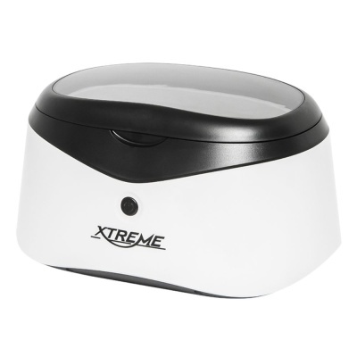 Caixa de lavagem ultrassónica branca e preta com tampa transparente e botão frontal