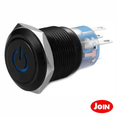 Interruptor de botão preto com símbolo azul e pinos metálicos