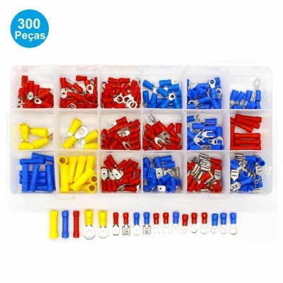 Kit de terminais elétricos isolados vermelho, azul e amarelo na caixa transparente