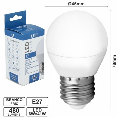 Lâmpada LED branca fria E27 6W na frente da embalagem azul com especificações