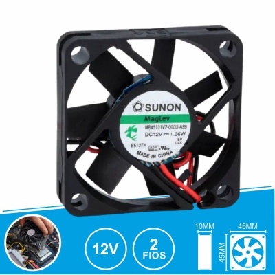 Ventoinha eletrónica preta SUNON de 45x45x10mm com fios e etiqueta central