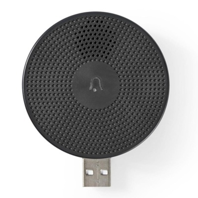 Coluna portátil preta circular com conector USB