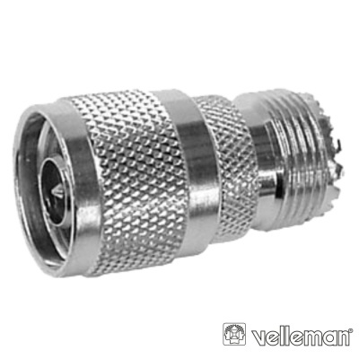 Conector coaxial metálico prateado com padrão texturizado e rosca, logotipo Velleman