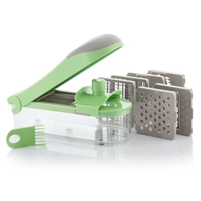 Mandolina de cozinha verde e transparente com lâminas intercambiáveis cinzentas