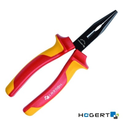 Alicate bico com punhos vermelhos e amarelos e corpo preto com texto