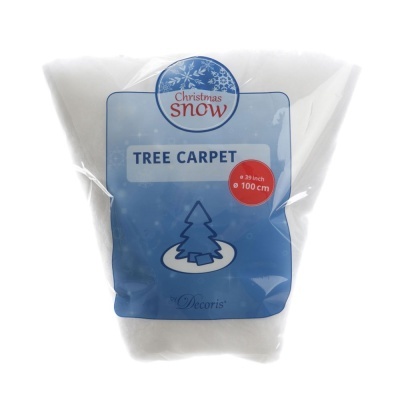 Carpete branco para árvore de Natal com etiqueta azul e indicação de dimensão