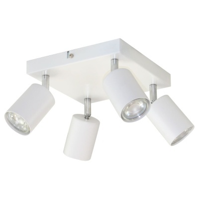 Lustre de teto com quatro focos cilíndricos brancos em base quadrada