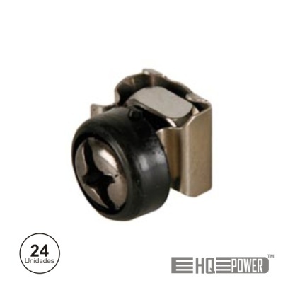 Roda pequena preta com estrutura metálica prateada em fundo branco