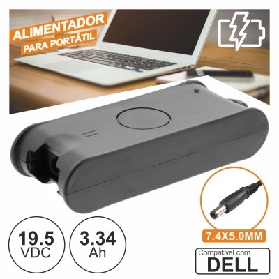 Carregador portátil preto compatível com DELL em fundo branco com laptop e ícones de especificações.
