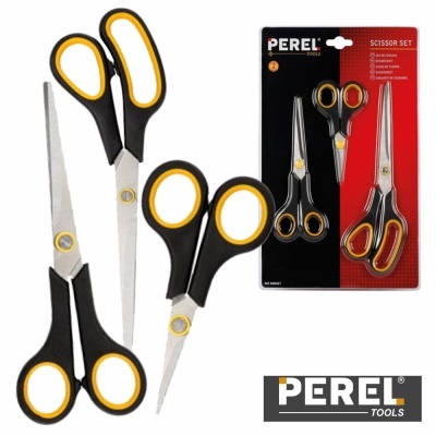 Conjunto de duas tesouras com cabos pretos e amarelos em blister preto e vermelho da PEREL TOOLS