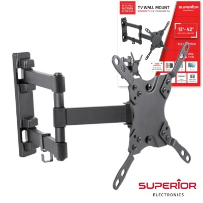 Suporte de parede para TV preto com braços articulados e embalagem da marca Superior Electronics