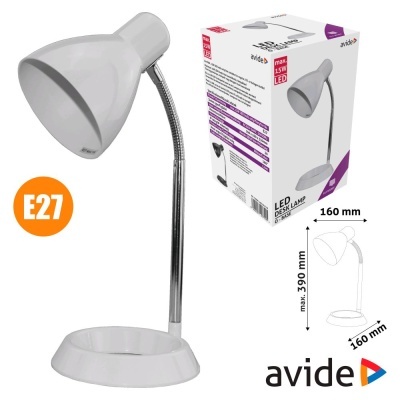 Candeeiro de secretária branco com pescoço flexível metálico e base redonda