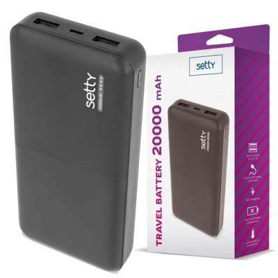Powerbank preto com capacidade 20000 mAh e embalagem