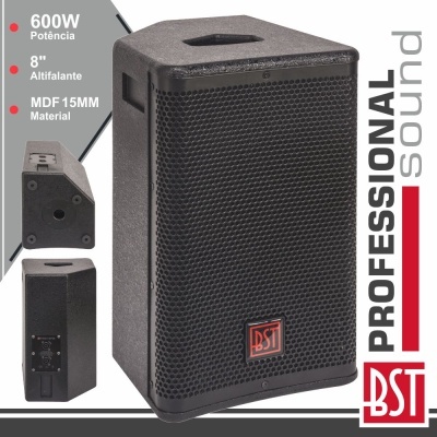 Coluna de som profissional preta BST com potência 600W e alto-falante de 8 polegadas