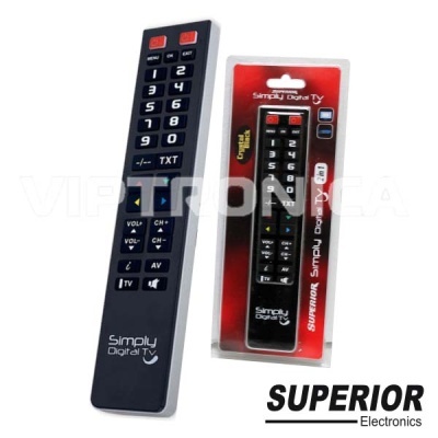 Comando preto Simply Digital TV com embalagem vermelha transparente