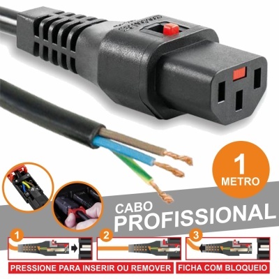 Cabo profissional preto de 1 metro com ficha de bloqueio e fios expostos