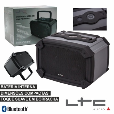 Coluna de som Bluetooth preta LTC Audio com embalagem e texto informativo