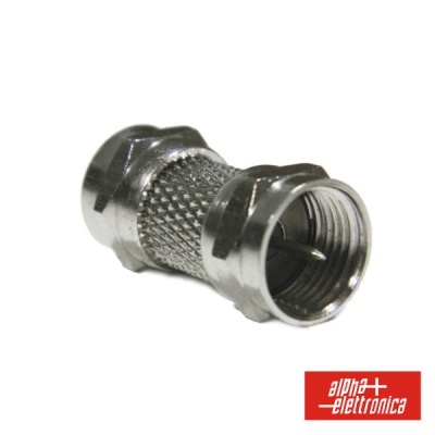 Conector coaxial metálico com textura estriada e logótipo alpha elettronica.