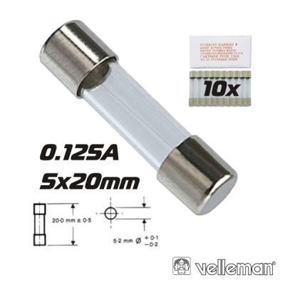 Fusível de vidro cilíndrico 0.125A 5x20mm com embalagem 10x e esquema técnico
