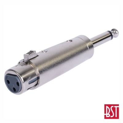 Adaptador XLR para jack 6,35 mm metálico prateado com logotipo BST