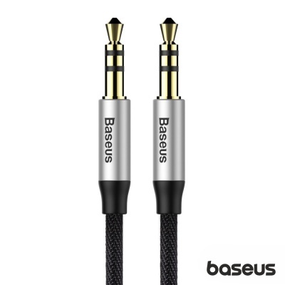 Cabo áudio auxiliar Baseus com jack 3,5 mm prateado e cabo preto trançado