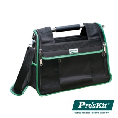 Mala preta com detalhes verdes da marca Pro'sKit para ferramentas