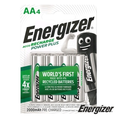 Pacote de quatro pilhas recarregáveis Energizer AA4 2000mAh com texto de baterias recicladas